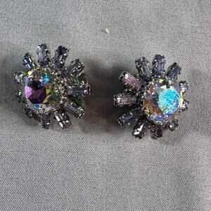 Vintage Austria Lavender AB Rhinestone Starburst Clip On Earrings Signed Austria